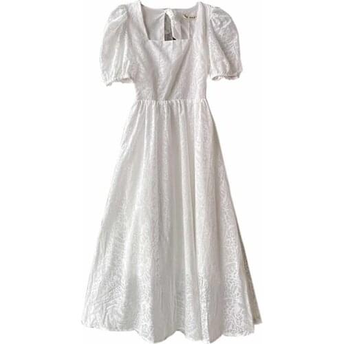 Women Summer Dress Summer Fashion White Elegant Puff Sleeve Hollow Out Party Beach Vacation Casual Midi Long Dresses