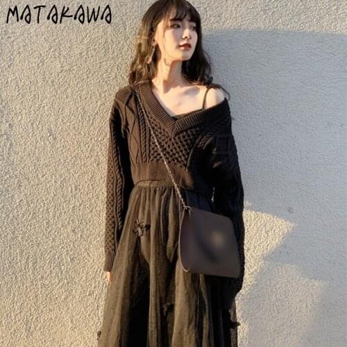 Matakawa Dress Sets Autumn Hepburn V Neck Long Sleeve Short Knitted Pullover + Spaghetti Strap Bownot Dresses for Women