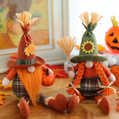 2021 Halloween Doll Decor Scarecrow Dwarf Hold Pumpkin Faceless 2 styles Pointed Hat gift desktop Creative Figurines Decoration