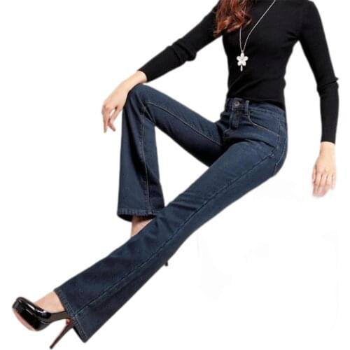 New Bell-Bottom Plus Velvet Jeans Plus Size Mid Waist Trousers Slim Women Thickening Thermal Dark Blue Pants Size 26-38