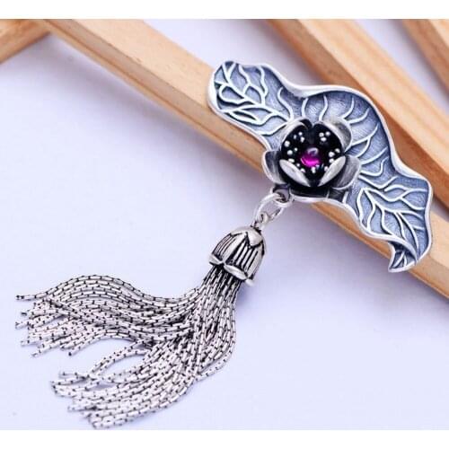 S925 sterling silver woman pendant Ethnic style Ms. corundum Matte exquisite tassel pendant for woman