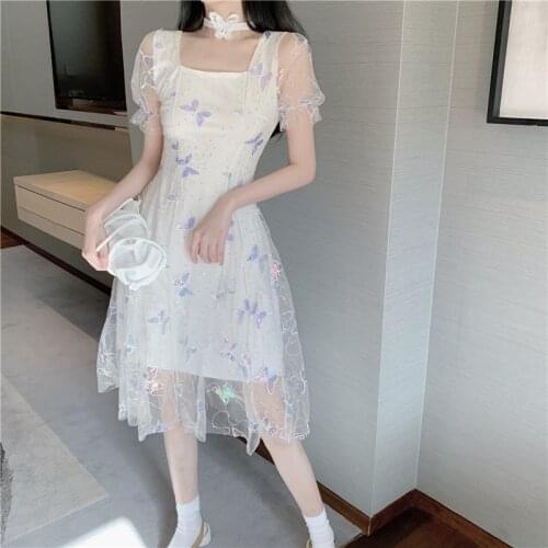 Korean Summer Temperament Elegant Butterfly Dress Sweet Square Collar Tender Girl Puff Sleeve Dress Bandage Bow Party Dresses