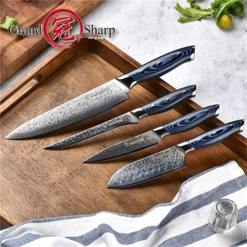 Grandsharp 4 Pcs Damascus Chef Knife Set Japanese Steel Damascus Kitchen Knives VG10 Chef Santoku Utility Boning Kitchen Knives