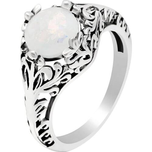 Hainon Round White Fire OPal Ring Vintage Silver Color Filled Rings For Women Fashion Jewelry Classical Size 6-10 Finger Rings