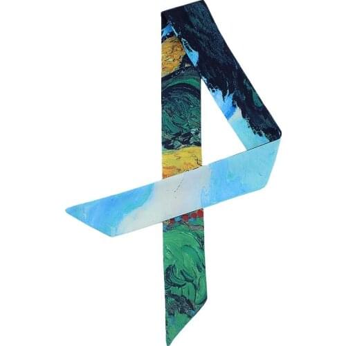 Classic Oil Painting Series Womens Silk Scarf Fashion Twill Satin Scarf Narrow Tie Pack Ribbon Scarves And Shawls Female M3