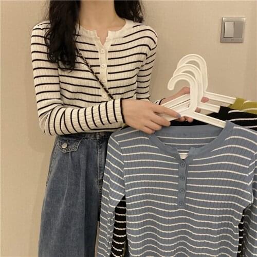 Beautiful Women Knitted T-Shirt Spring Striped Long Sleeves O-Neck Slim Tops Thin Casual Button Korean Fashion Elegant New Tees