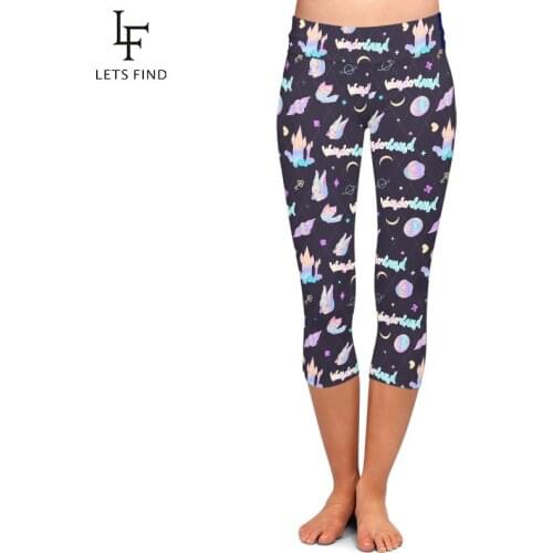 LETSFIND Summer Fashion Castle Print Women Plus Size Elastic Capri Leggings New High Waist Soft Silm Fitness Mid-Calf Leggings