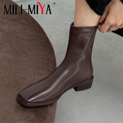 MILI-MIYA Fashion Solid Color Women Cow Leather Ankle Boots Round Toe Square Heels Zipper Plus Size 34-43 For Ladies Handmade