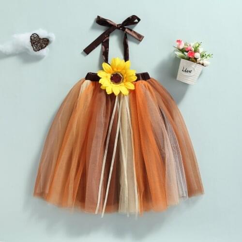 Newborn Baby Girl Cute Mesh Yarn A-line Mini Dress Lovely Casual Halter Bandage Dress Fashion Sunflower Boat Neck Mesh Skirts