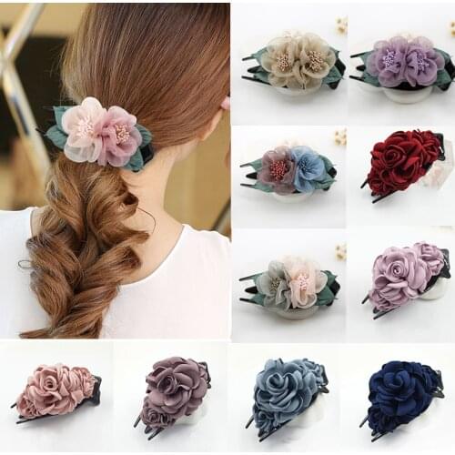 Fashion Women Hair Claw Cloth Rose Flower Elegant Lady Duckbill Hair Clip Spun Yarn Double Floral Barrettes Hairgrip Decor