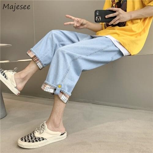 Plaid Jeans Men Summer Couples Oversized S-3XL Casual Straight Denim Trousers Cuffs Fashion High Street Chic Baggy Japan Style