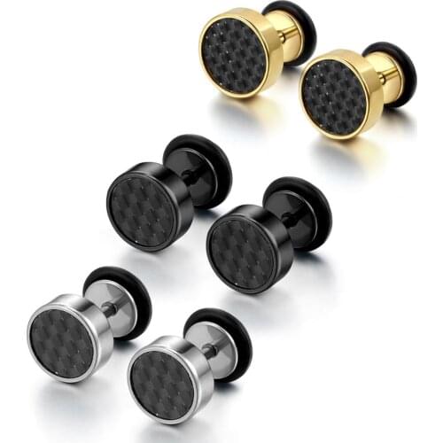 8mm Mens Black/Gold/Silver Color Stud Earrings Stainless Steel Illusion Tunnel Plug with Carbon Fiber Jewerly aretes de mujer