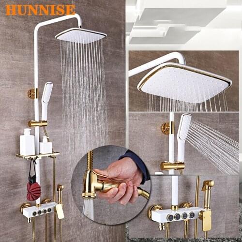 Bathroom Shower Set of Four Function Brass Bathroom Mixer Faucet 8 Inch Ranfall Shower Head Wall Mounted White Gold Shower Sets
