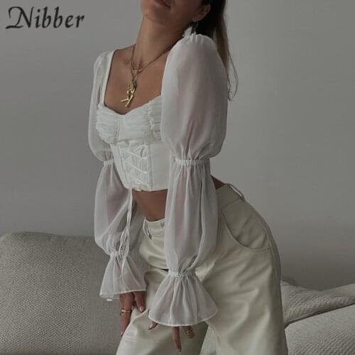 Nibber 2021 Fairy Solid Color Blouse Chiffon Tulle Flared Sleeves Strappy Top Slim Sweet Korean Style For Women Party Clubwear