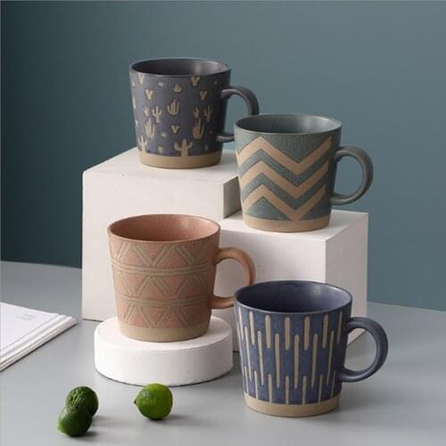 2021 New Nordic Creative Rough Ceramic Textured Cup Retro Totem Textured Coffee Cup Simple Office Tea Cup Couple Water Cup