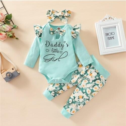 Autumn Fall Baby Girl Cotton Clothes Bow Tie Hollow O-Neck Letter Romper Floral Printing Pants Headwear Child Girl Set