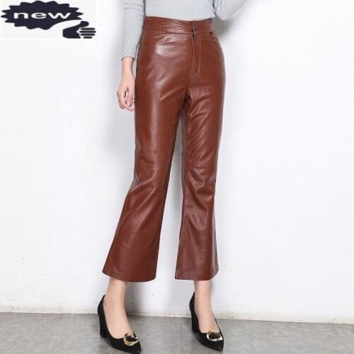 Pantalons 2021 New Womens Streetwear Long Calcas Slim Trousers Genuine Leather Sheepskin Solid Female Fashion Flare Pants