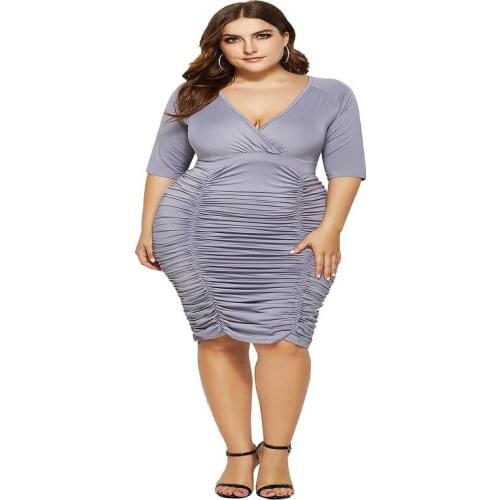 High Waist Pleated Dress Large Size Deep V Bag Hip Solid Color Nightclub Sheath Bodycon Dresses Women Clothing TA2139