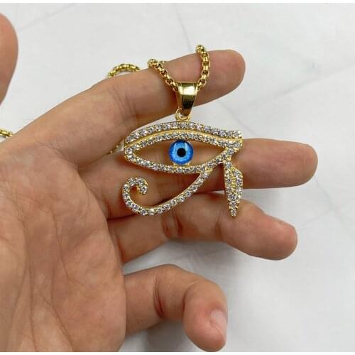 Gold color blue Eye Of Horus Pendant with zircon Men Women Jewelry Hip hop Stainless steel Gold Color Pendant Necklace Chain
