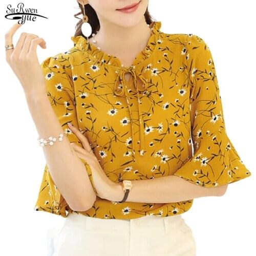 Plus Size Fashion Women Tops and Blouses Summer New Lady Tops Chiffon Blouse Floral Print Bow Neck Shirt Short Sleeve Blusas 379