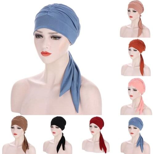 New Elastic Bandana Head Cover Hijabs Solid Muslim Bonnet Hat with Long Tail Women Folds Night Sleep Hat Headscarf Turban