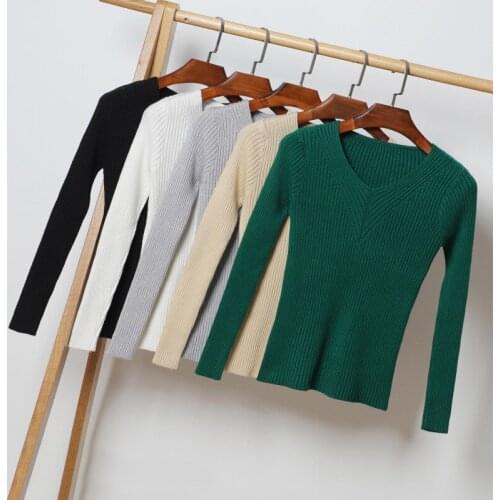 Queechalle Women Sweaters and Pullovers Autumn Winter Sexy V Neck Long Sleeve Solid Slim Elastic Knitted Sweater Women Tops