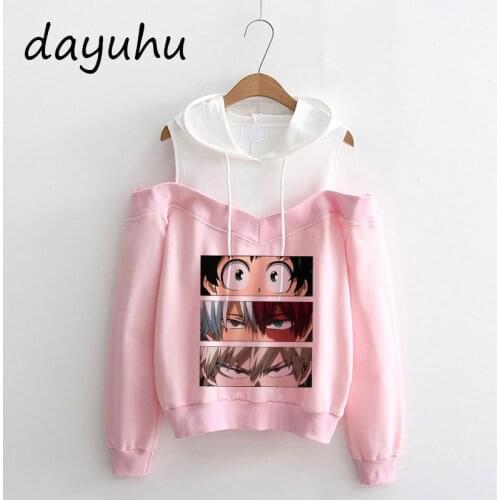 90s My Hero Academia Hoodies Kawaii Japanese Anime Hoodie Boku No Hero Academia Himiko Toga Off Shoulder Sweatshirt Y2k Manga