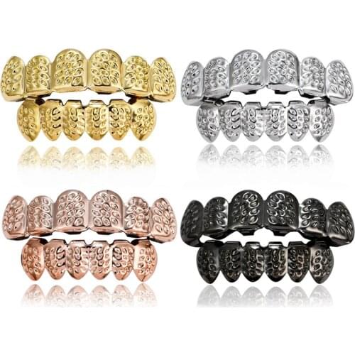 Hip Hop Hot Sale Gold Teeth Grillz Set Top Bottom Tooth Grills Mouth Punk Teeth Caps Cosplay Party Teeth Decor Rapper Jewelry