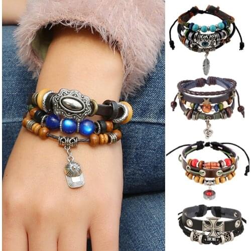 Vintage Bohemia Wind Beaded Multilayer Hand Woven Leather Alloy Feather Wood Beads Eye Fish Leaves 2019 Men Women Bracelet