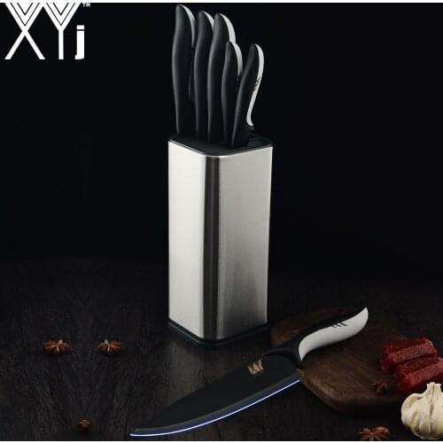XYj Black Kitchen Knives Stainless Steel Knife Holder Frozen Meat Cutter Fruit Utility Santoku Chef Slicing Bread Cutlery Knife