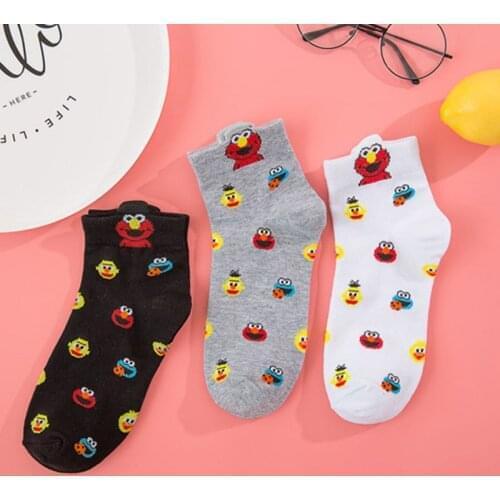 Ladies Socks Women Streetwear Sesame Street Cartoon Socks for Girls Harajuku Cute Socks Elmo Cotton Funny Sock Black White