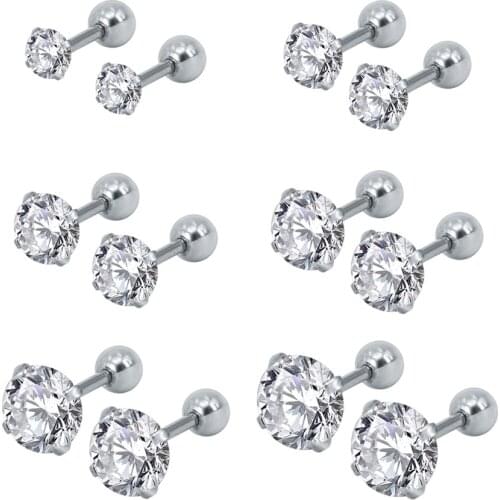 ZS 6 Pairs/lot Stainless Steel Silver Color CZ Stud Earrings Set Womens Crystal Earrings Ear Studs Female Ear Piercing Jewelry