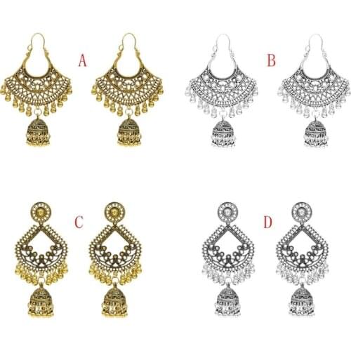 New India Jhumka Vintage Gold and Silver Color Alloy Bell Bead Carving Flower Statement Earrings For Women Jewelry Accessory