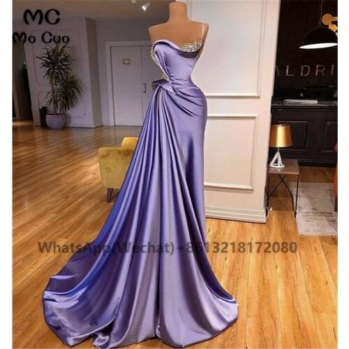 Sheer A-Line 2021 Prom Evening Dresses Ruched Beaded Crystals Shiny Satin Womens Evening Gown Custom Made