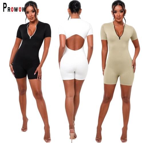 Prowow Women Bodycons Summer Zipper V-neck Fitness Joggers Outfits 2021 New Sexy Beackless Female Playsuits One Piece Romper