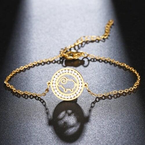 CACANA 316L Stainless Steel Crystal Bracelet Hollow Line Sheep Round Bracelets Gold Color Engagement For Women Gifts Jewelry