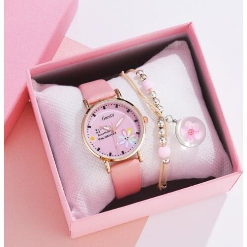 Zegarek 2021 Fashion Kids Dial Children Set Watch Leather Strap Quartz Watches Kid Girls Clock Childrens Watch + Bracelet