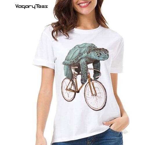 Retro Sea Turtle Riding Fixed Gear Bikes Print Womens T-Shirt Funny Animal And Bicycles Design Casual Tops Hip Hop girl Tees