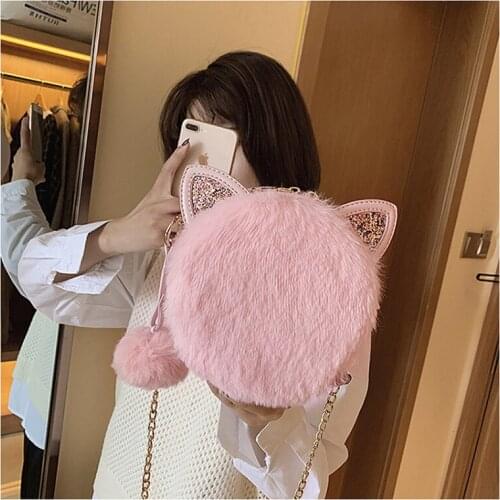 Girls Round Purse and Handbag For Women Small Faux Fur Crossbody Cat Shoulder Bag Kid Ladies Coin Bolsa Bag Gift sac Pink