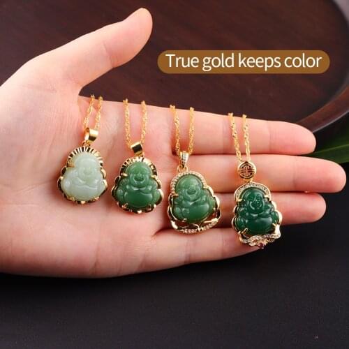 Maitreya Fashion Gold Drill Buddha Statue Green Jade Jewelry Pendant Crystal Necklaces Buddha Statue Wholesale for Women Jade