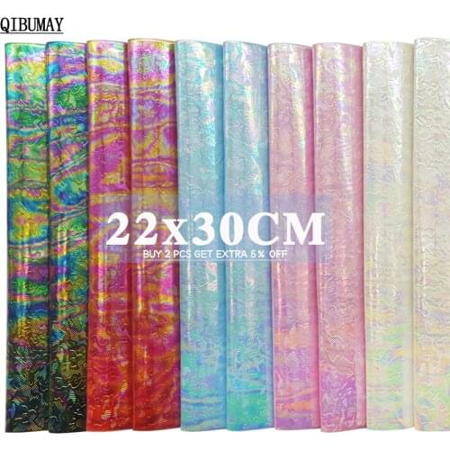 QIBUMAY A4 size Laser Holographic Fabric Faux Leather Sheets Accessories Vinyl Materials For Bow Bags Synthetic Leather Fabric