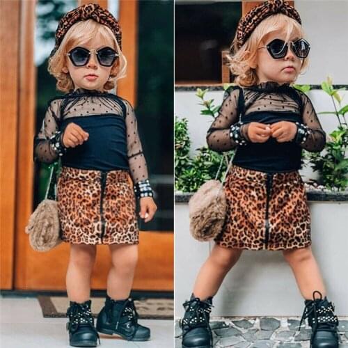 1-6Y Fashion Toddler Baby Girl Leopard Print Clothes Ruffles Lace Tops T Shirt Zip Slim Fit Skirt Tracksuit Outfit