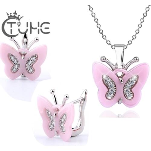 Fashion Ceramic Jewelry Sets Butterfly Long Chain Necklace Women Jewelry Bijoux Stainless Steel Pink Jewelry Set Christmas Gift