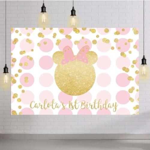 Cartoon Mouse Wallpaper Happy Birthday Baby Shower Party Supplies Backdrop Gold Glitter Dot Pink Girl Event Wallpapers
