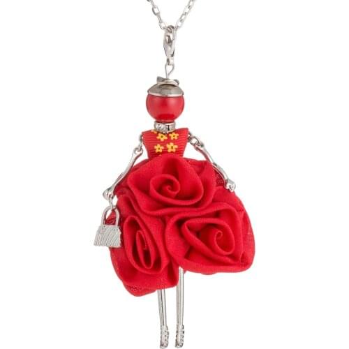 Red rose bride Doll Necklace Pendants Long Chain Europe Girls Statement Collar Cloth New Christmas Jewelry Women Accessories