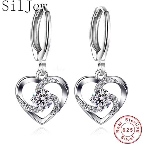 SilJew Women Authentic Fashion 925 Sterling Silver Heart Dangle Hoop Earrings Girls Crystal Earrings Jewelry Gift Oorbellen