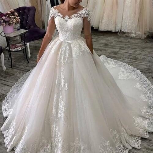 MYYBLE 2021 A Line O Neck Wedding Dresses Half Sleeve Lace Applique Vestido De Noiva Custom Made Sashes Bridal Dress With Train