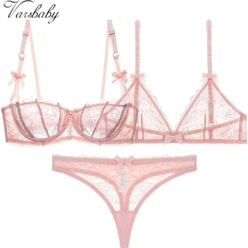 Varsbaby 3pcs sexy see-through half cup bra wire free floral lace bra + thong bras set