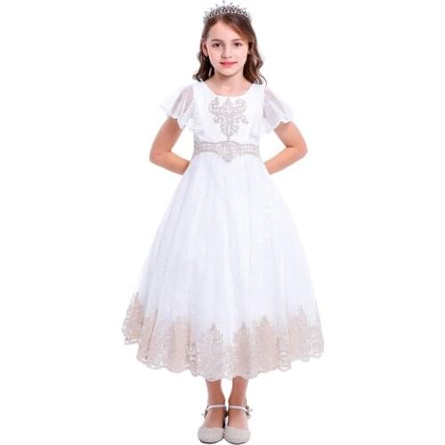 Vintage Embroidery Ball Gown Dress Girls Ruffle Sleeve Swing Wedding Bridesmaid Dresses for Kids First Communion Princess Dress