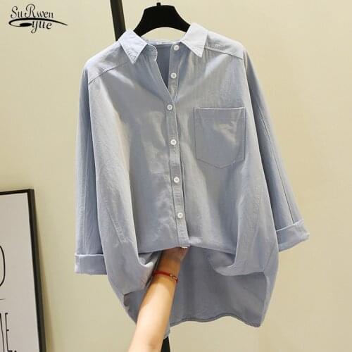 2021 Spring Pocket Solid Long Sleeve Shirt Women Plus Size Loose Cotton Bottoming Blouse Women Cardigan Ladies Tops 8891 50